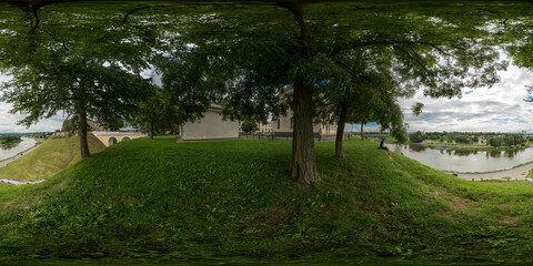 3D spherical panorama with 360 viewing angle. Ready for virtual reality or VR. Full equirectangular projection. Cold blue sky with green grass and with some trees at summer.