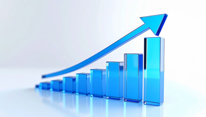 Sleek blue translucent bars forming graph with bold blue upward arrow, white backdrop.