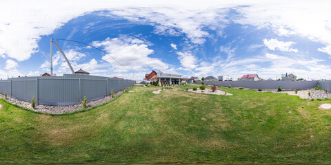 3D spherical panorama with 360 viewing angle. Ready for virtual reality or VR. Full equirectangular projection. Cold blue sky with green grass and with some trees at summer.