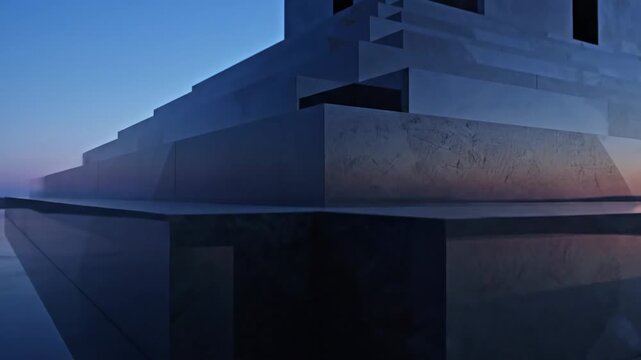 A geometric concrete structure with stacked blocks rises over a reflective surface under a blue sky
