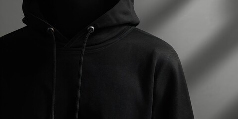 Black cotton hoodie featuring elastic cuffs and laces, designed for everyday attire, focus on material and construction