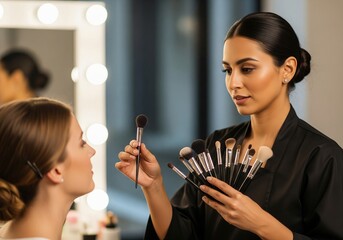 Woman makeup artist applying cosmetic on client in studio. Professional beauty procedure for transformation. Glamour industry concept.
