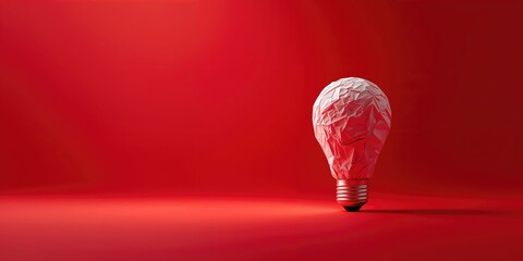 Light bulb atop crumpled paper on red backdrop, emphasizing creative thinking and new concepts