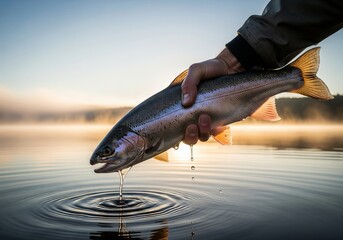 Fisherman holding a rainbow trout above tranquil water at sunrise. Catch and release fishing for hobby and sport in nature.