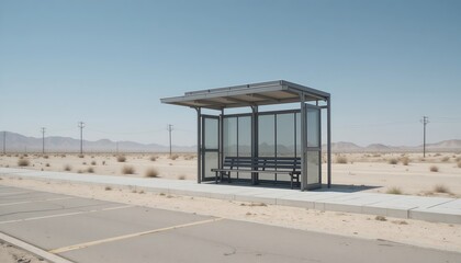 Obraz premium Empty modern bus stop shelter on roadside in desert landscape