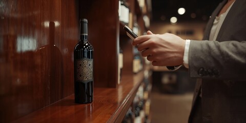 Customer scans QR code on wine bottle in liquor store, digital checkout process