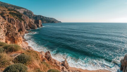 Sunny weather highlights rugged shoreline of the Black Sea on the Crimean coast, erosion concerns