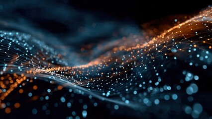 Futuristic glowing digital wave mesh structure in orange and blue. Abstract visualization of big data analytics, global connectivity, deep learning, and AI network flow.