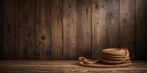Coiled rope on a rustic barn wood background used for agricultural tasks, Earth Day