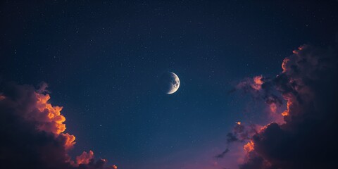 Obraz premium Dark blue sky featuring a new moon and illuminated sunset clouds, ideal for astronomy or nature layouts