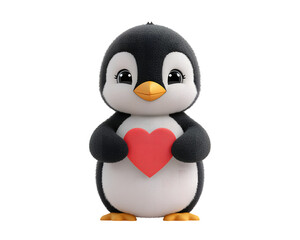 Obraz premium a charming fluffy penguin holding a vibrant red heart a cute and endearing character on transparent background