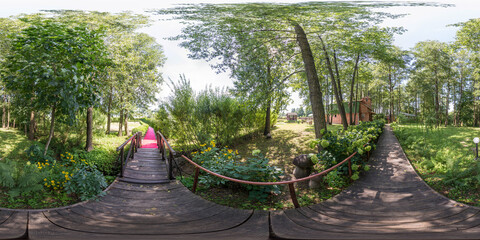 3D spherical panorama with 360 viewing angle. Ready for virtual reality or VR. Full equirectangular projection. Cold blue sky with green grass and with some trees at summer.