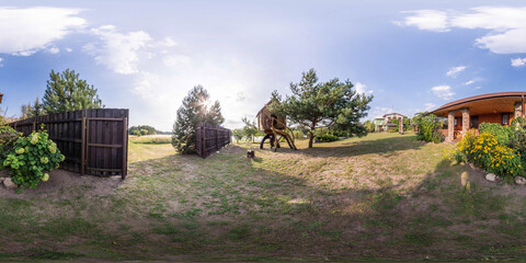 3D spherical panorama with 360 viewing angle. Ready for virtual reality or VR. Full equirectangular projection. Cold blue sky with green grass and with some trees at summer.