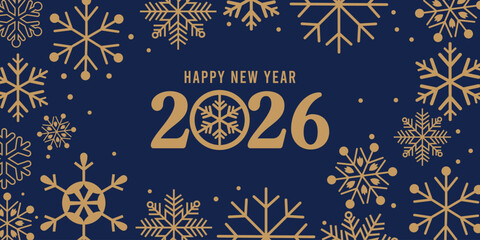 Elegant Happy New Year 2026 greeting card with golden typography and decorative snowflakes on a dark blue background, perfect festive design for holiday invitations, social media, posters and seasonal © bibin