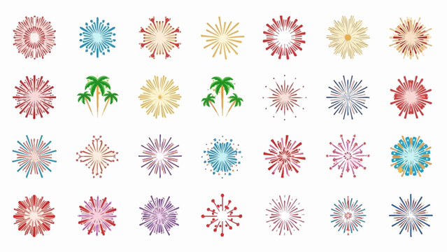 A vibrant collection of diverse firework bursts and tropical palm tree silhouettes, perfect for festive and celebratory designs.