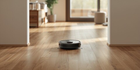 Robotic vacuum cleaner on the floor, designed for efficient home cleaning tasks