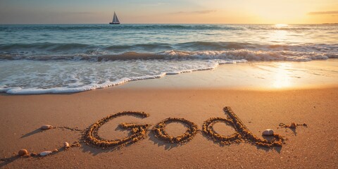 God inscription on sand by waves at Sandy Hook beach, natural erosion process observed