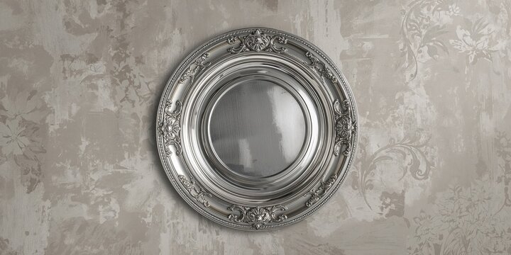 Metallic silver plate with vintage ornaments used as decorative tableware for seasonal display