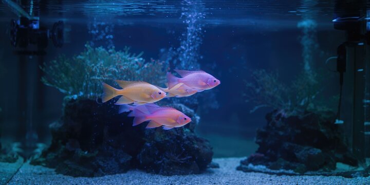 Genetically modified fluorescent fish in a fish tank used for biological research, genetic engineering safety