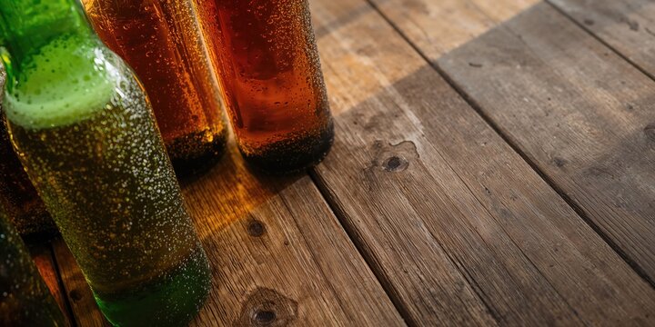 Green and brown glass bottles of beer on table over wooden background, suitable for background layout design, Earth Day