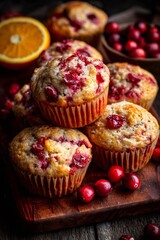 Stack of cranberry orange muffins with scattered fresh cranberries and an orange slice on a dark wooden surface