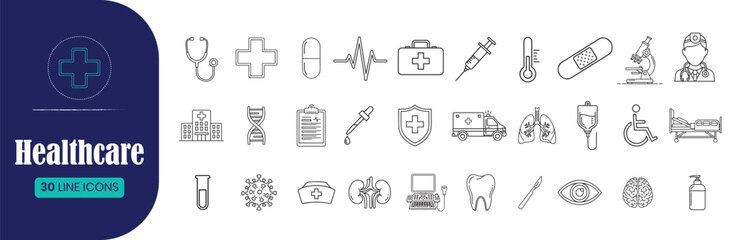 Healthcare and Medical Line Icon Set 30 Vector Symbols