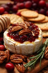 Warm baked brie cheese appetizer with cranberry sauce, honey, and pecans, serving holiday party snacks