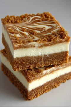 Stacked cheesecake bars with speculoos swirl and crumb topping, tempting sweet dessert food for bakeries