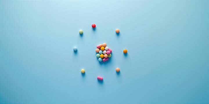 Brightly colored medication capsules and pills displayed on a blue backdrop for pharmaceutical packaging or health communication, relevant for World Health Day
