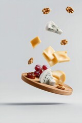 Floating cheese board balancing various cheeses, grapes, walnuts, and jam, minimalist culinary art