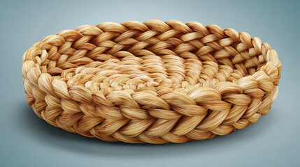 A handmade wicker basket, showing intricate weaving details, with neutral shades and textures