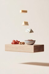 Cheese, grapes, and nuts levitating over a floating wooden board, creating a conceptual food composition