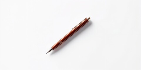 Close-up of a brown ballpoint pen placed on a plain white surface, used for note-taking or drafting