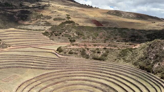 A sweeping view of the iconic circular agricultural terraces of Moray in Peru