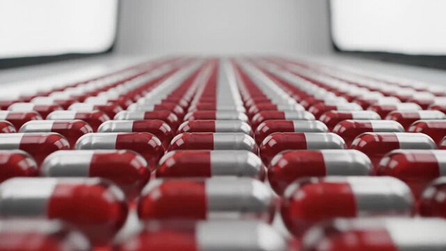 Close-up view of red and white capsules aligned in neat parallel rows on a reflective surface focus