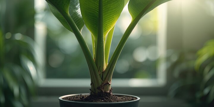 Banana plant pseudostem thriving in a soil-filled container, highlighting plant health and soil management