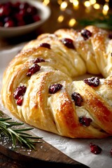 Cranberry pastry wreath baking for festive holidays, sweet dessert with rosemary and powdered sugar