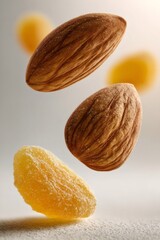 Almonds and raisin falling, creating a dynamic visual of healthy ingredients, ideal for snack and trail mix concepts