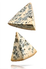 Blue cheese wedges floating on a white background, displaying delicious food, gourmet ingredients, and healthy dairy
