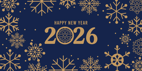 Elegant Happy New Year 2026 greeting card with golden typography and decorative snowflakes on a dark blue background, perfect festive design for holiday invitations, social media, posters and seasonal © bibin
