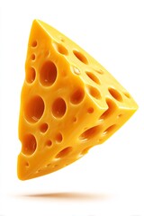 Yellow cheese wedge with holes, dairy food block on white, preparing breakfast ingredients and snacks
