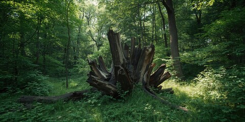 Decomposing tree trunks in dense forest highlight natural decay processes vital for ecosystem health