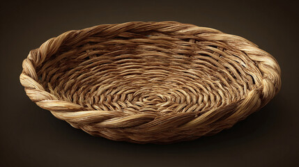 A woven basket on display, showcasing intricate craftsmanship and texture. The basket is intricately woven and has a natural, earthy appearance.