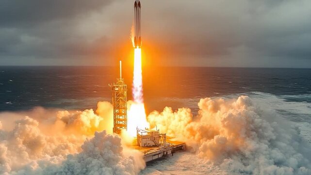 Video A rocket blasts off from the ocean, surrounded by waves and mist