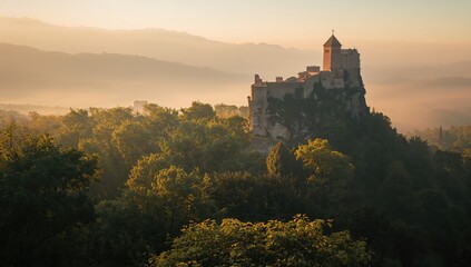 Obraz premium Ancient fortress with rocky base and lush greenery, emphasizing preservation of historic sites, Earth Day