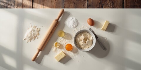 Dough ingredients with a rolling pin on a white table, highlighting traditional baking techniques in a rustic kitchen, National Baking Week