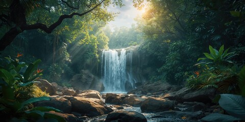 Cloudy woodland scene with tropical plants serving as a UI backdrop