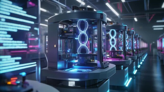 Futuristic DNA Research Lab with Neon Lights and Advanced Genetic Sequencing Technology.