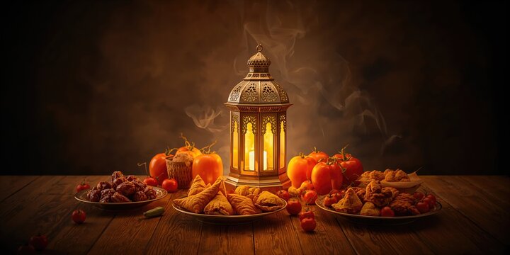 Traditional Arabic lanterns placed on a wooden surface during Ramadan Mubarak, holiday ambiance and cultural decor