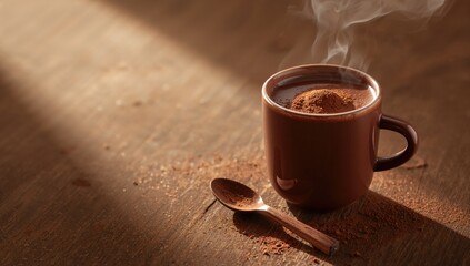 Detail of a hot chocolate beverage in a mug against a wooden backdrop, focusing on cozy drink enjoyment, winter holiday season